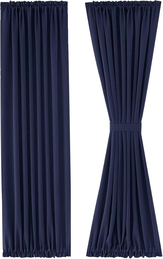 DWCN French Door Curtains – Rod Pocket Thermal Blackout Curtain for Doors with Glass Window, Kitchen and Patio Doors for Privacy, 36 X 72 Inches Long, 1 Curtain Panel with Tieback,Navy Blue