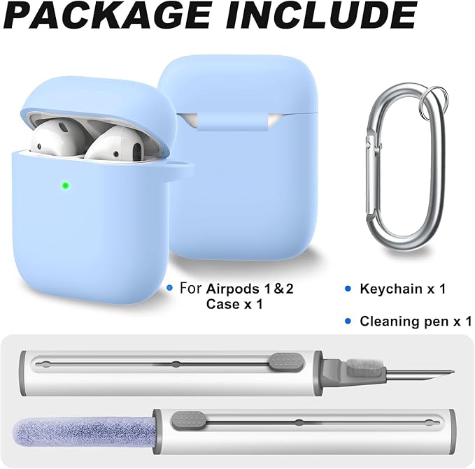 for AirPods 1/2 Case Cover, Come with Cleaner Kit, Soft Silicone Protective Cover with Buckle, Compatible with AirPods 2nd 1st Generation Charging Case, Front LED Visible, Sky Blue
