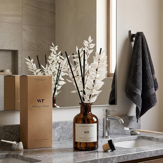 Reed Diffuser Set for Bathroom Air Fresheners, Oil Diffuser Sticks | Hotel White Tea Scent 4.0 fl oz Home Fragrance with Sticks Defusers | House Bedroom Office Shelf Decor