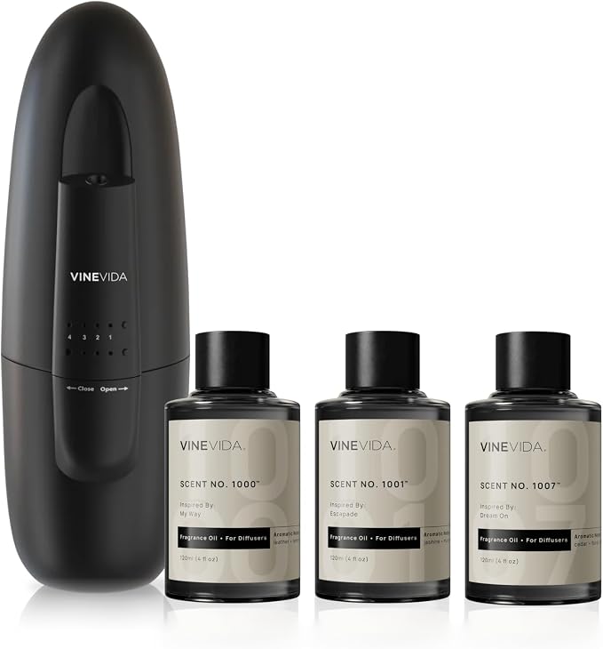 VINEVIDA Studio Plug in Waterless Diffuser and 3 Hotel Fragrance Oils - Essential Oil Diffuser for Home - Room Fragrance Air Diffuser [Black Scent Machine]