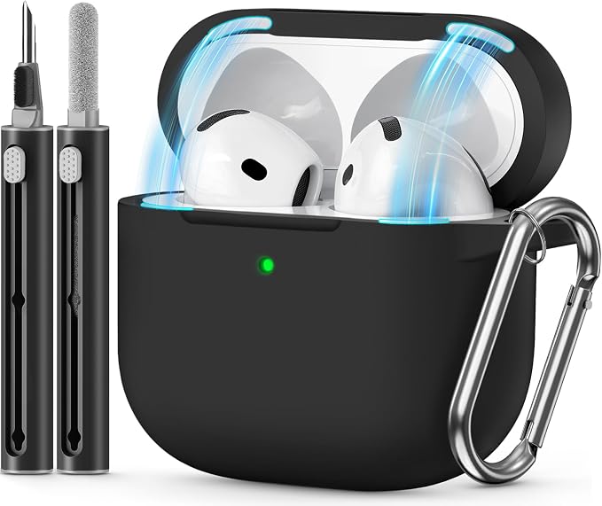 for AirPods 4 Case 2024 with Cleaner Kit & Keychain-Magnetic Black | Silicone Protective Cover for Apple AirPods 4th Generation Case,for Women Men,One-Piece Design,Shockproof,Dust Proof,Magnetic