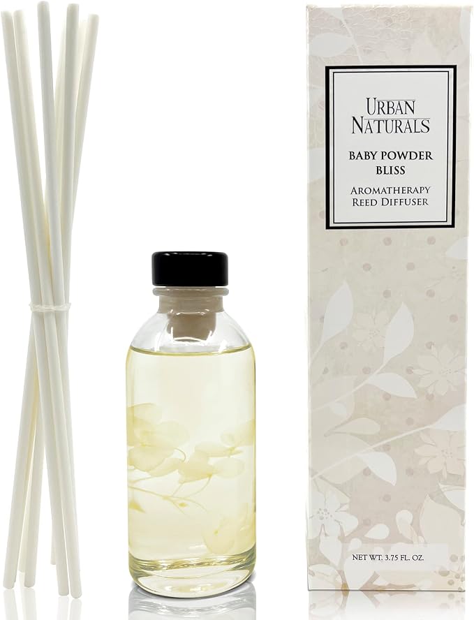 Reed Diffuser Set, Baby Powder Bliss - Bathroom Shelf Décor | Bliss, Made with Essential Oils & Real Botanicals, Powdery Floral Notes, Rose, Geranium, Musk & Cedar, Makes a Great Gift