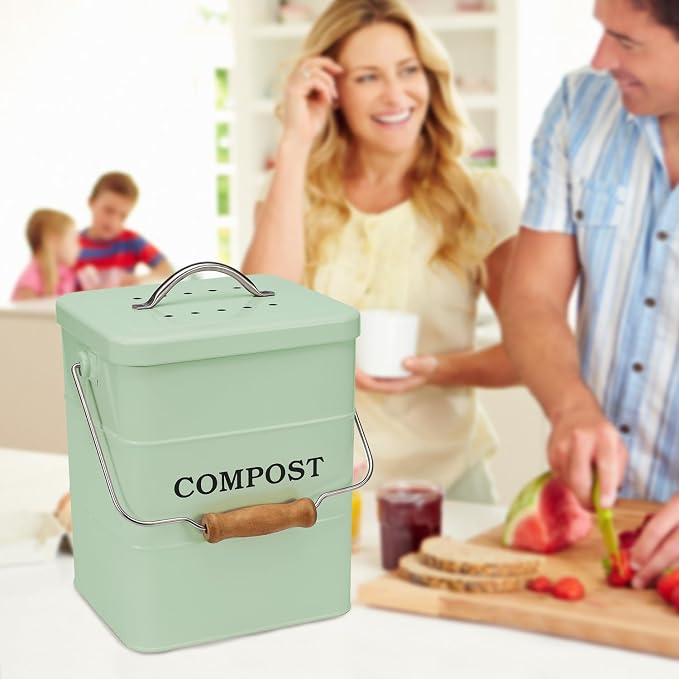 Stainless Steel Compost Bin for Kitchen Countertop Compost Bin,1 Gallon, Kitchen Trash Can -Includes Charcoal Filter,Compost with Lid-Green