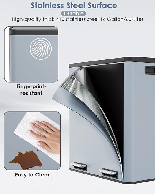 AthLike 60L(16 Gal) Dual Trash Can, Stainless Steel Kitchen Garbage Can, Double Compartment Classified Rubbish Bin, Recycle Dustbin w/Plastic Inner Buckets, Soft-Close Lid, Airtight (Haze Blue)