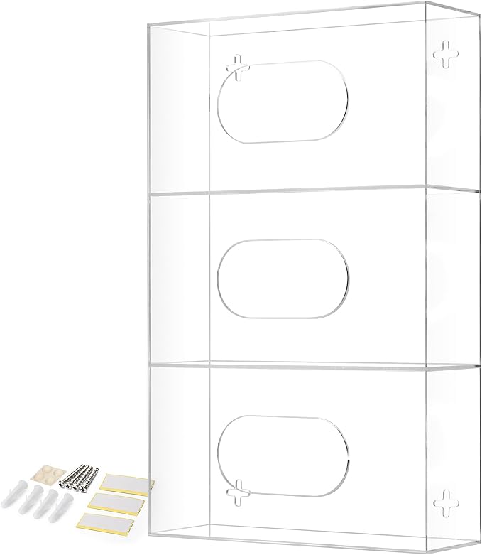 Triple Glove Box Holder Wall Mount Glove Dispenser - Disposable Glove Holder Wall Mount Glove Station for Medical Gloves, Multipurpose Kitchen Gloves Holder - 16.5 x 10 x 3.5 Inches