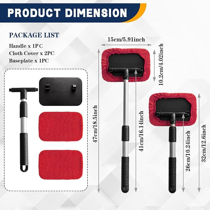 Windshield Cleaning Tool, Car Window Cleaner, Vehicle Window Cleaner with Extendable Handle & 2 Washable Microfiber Pads, Car Interior Glass Wiper Cleaning Kit for Most Vehicles (Red)