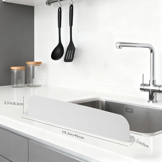 19.2inch(49cm) Silicone Sink Splash Guard, Sink Splash Guard with Suction Cup,Kitchen Sink Water Splash Guard, Kitchen Sink Splash Guard that Can Be Placed Behind (1, White)