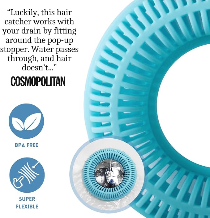 TubRing Pop-Up Drain Protector & Strainer Silicone Hair Catcher, Aqua | Easy snap-in design fits around bathtub stoppers. Customizable utility guard for clog prevention. Fits 1.85"- 2.16" drains.
