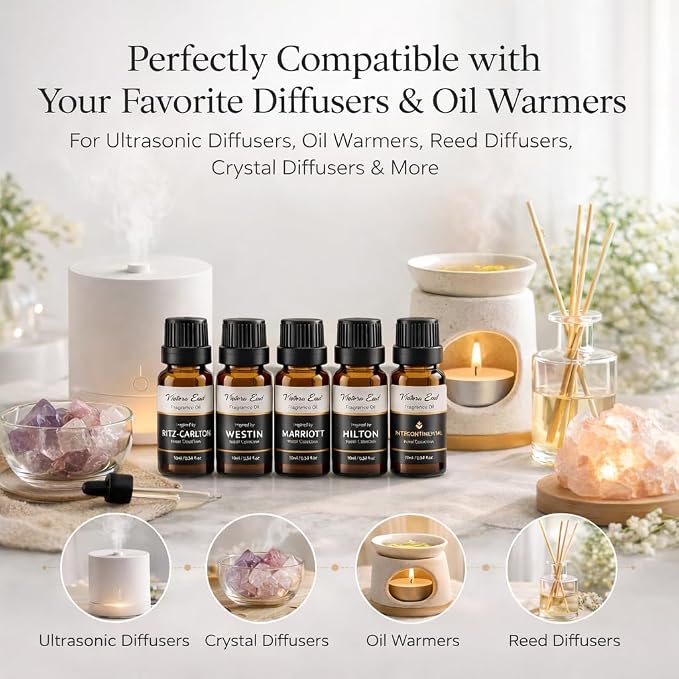 Luxury Hotel Fragrance Oil Set, 6 Pack | Six Hotel-inspired Fragrance Oils; Versatile for Humidifiers, Aroma diffusers, Candle and Soap Making