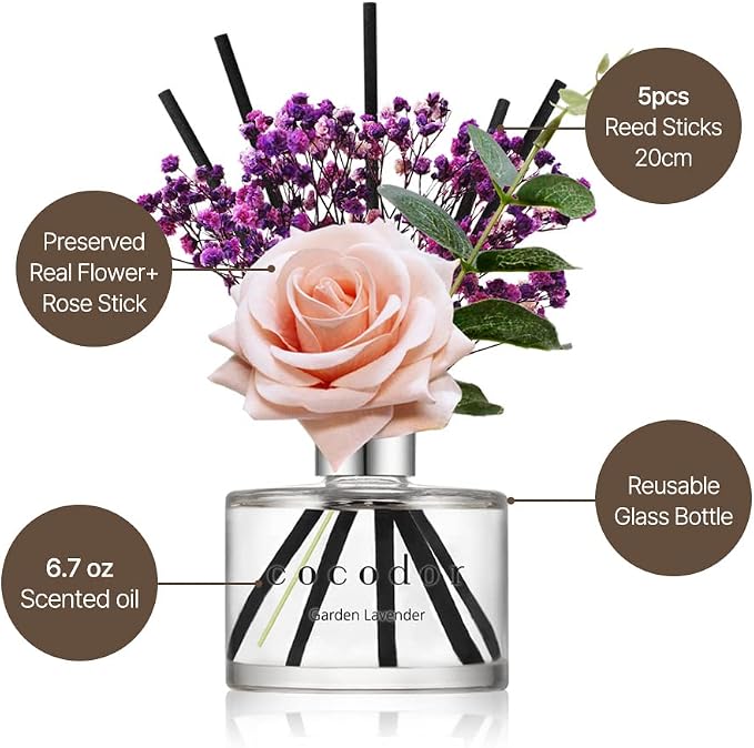COCODOR Rose Reed Diffuser Set / 6.7oz / Garden Lavender/Scent Diffuser with Sticks Home Fragrance Reed Diffuser for Bathroom Shelf Decor for Women
