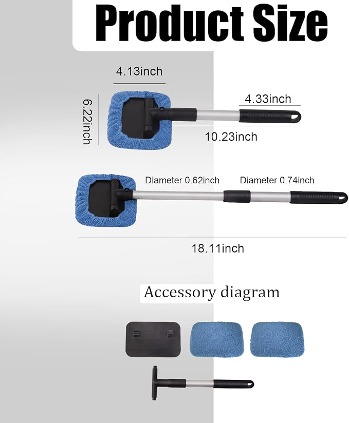 Car Glass Cleaner Wiper,Windshield Cleaning Tool, Microfiber Window Cleaner with Extendable Handle,Auto Glass Wiper Kit(Blue Square)