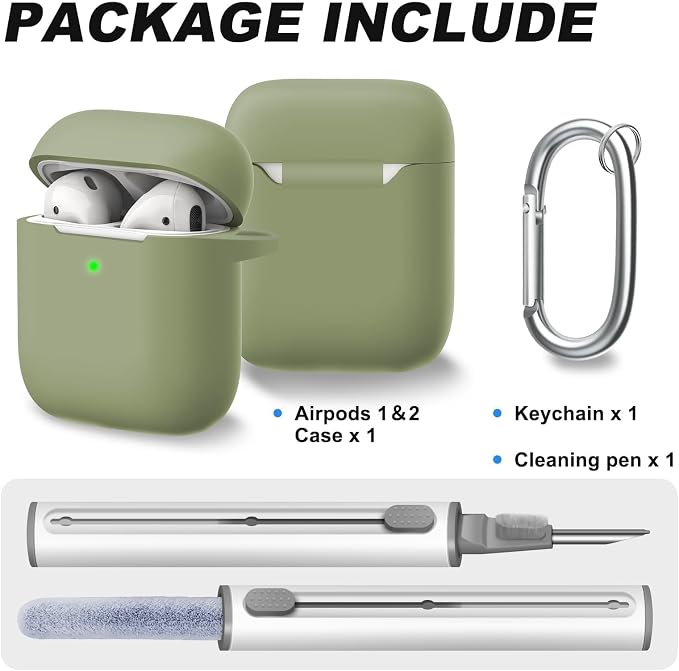 for AirPods Case Cover, Come with Clean Pen，Soft Silicone Protective Cover for Women Men Compatible with Apple AirPods 2nd 1st Generation Charging Case, Front LED Visible,Army Green