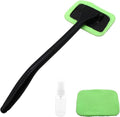Car Window Cleaner Kit, Green | Windshield Cleaning Tool, Extendable Long Handle, 2 Washable Reusable Microfiber Pads