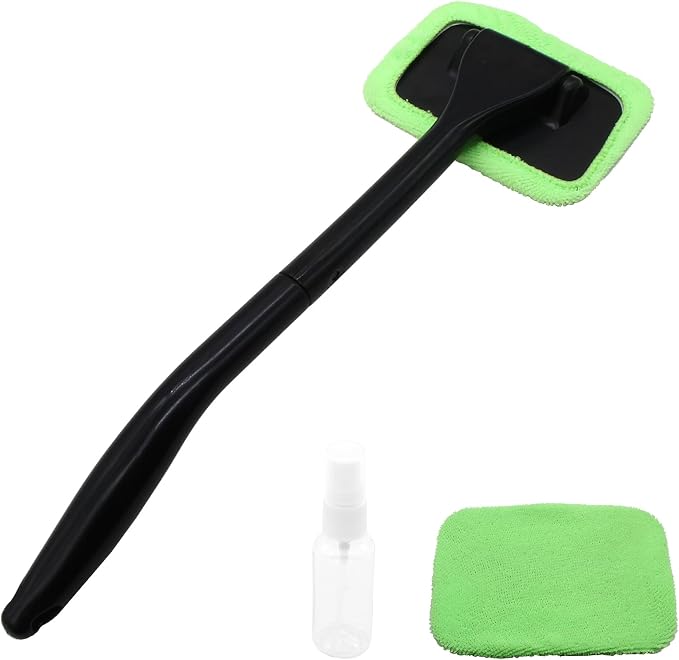 Car Window Cleaner Kit, Green | Windshield Cleaning Tool, Extendable Long Handle, 2 Washable Reusable Microfiber Pads