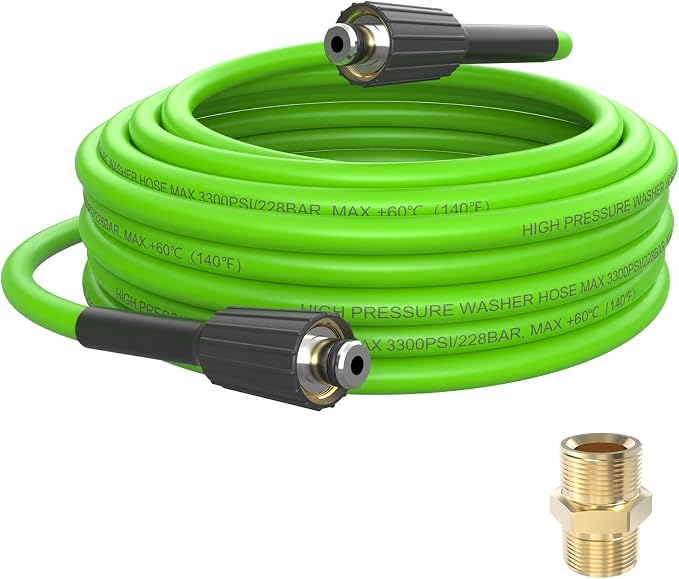 PVC Pressure Washer Hose 25 FT x 1/4", Kink Resistant Power Washer Hose, High Pressure Water Hose Extension Replacement for Home Use with M22-14mm Brass Fittings, 3300 PSI, Green