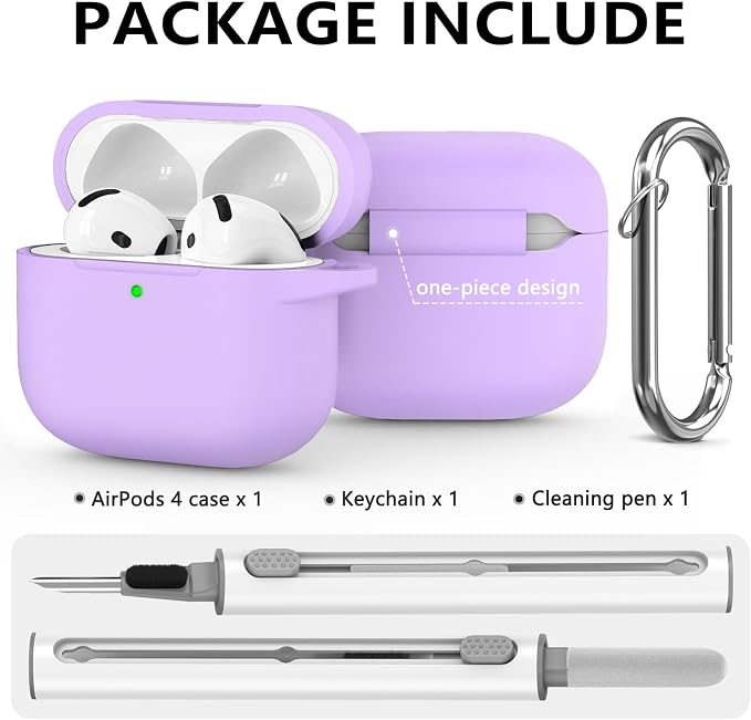 Ljusmicker for AirPods 4 Case 2024 with Cleaner Kit,Soft Silicone Protective Cover for Apple AirPods 4th Generation Cases for Women Men,for AirPod 4 Case Accessories with Keychain-Purple