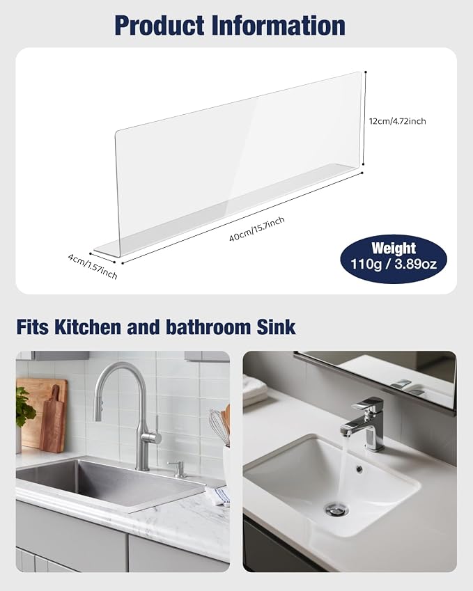 Acrylic Sink Splash Guard, Highly Transparent Fixed Splash Guard for Kitchen Island & Bathroom（15.8"L x 1.6"W x 4.7"H）