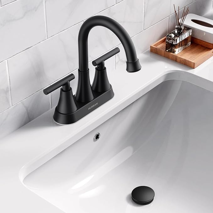 Bathroom Sink Drain with Overflow with Hair Catcher Anti-Clog Sink Strainer | Hurran Matte Black Bathroom Sink Stopper for 1.65"-1.9" Hole, Plastic Pop-up Drain for Bathroom Vanity Vessel Sink, 2 Pack