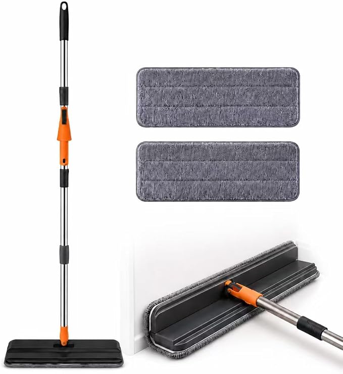 Microfiber Flat Mop for Floor Cleaning, Foldable Floor Mop with 2 Washable Pads & Hair Removal Comb, Adjustable Long Handle Dust Mop for Hardwood Tile Laminate, Wet & Dry Baseboard Cleaner