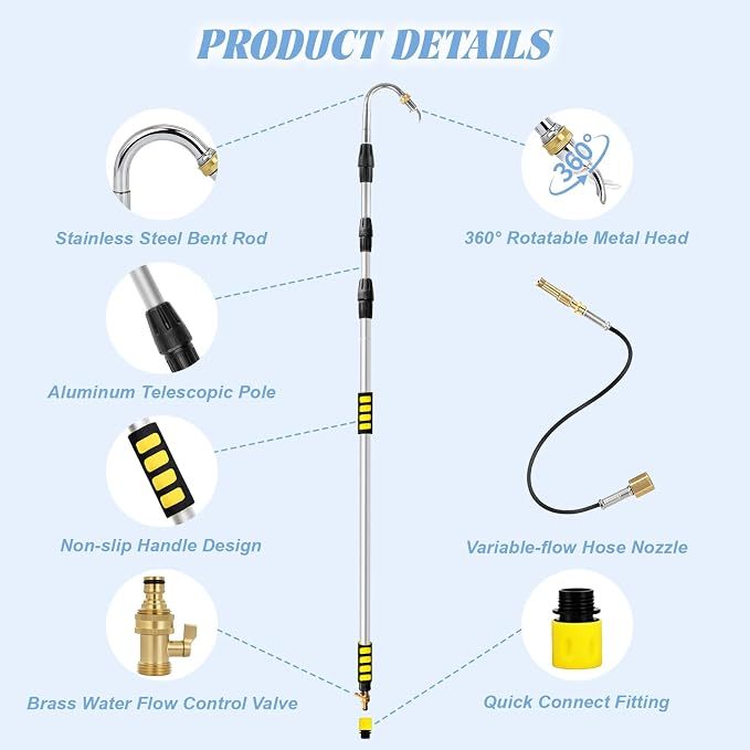 2-IN-1 24FT Reach Gutter Cleaning Tool with Flexible Wand & Curved Wand | 16FT Telescoping Gutter Cleaning Wand, 360° Rotating Nozzle, Adjustable Water Flow & Spray Patterns for Garden, Car Wash