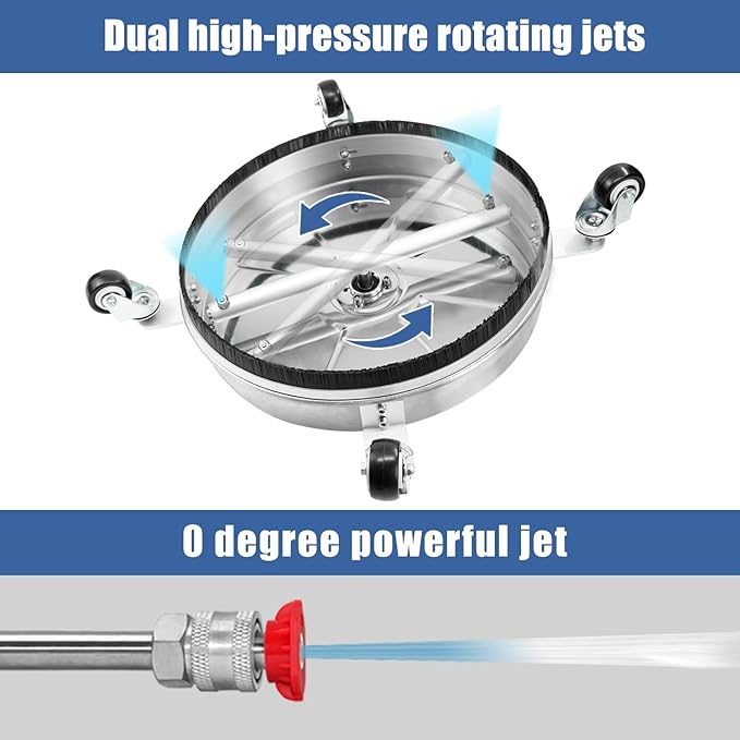 JANZ 16'' Pressure Washer Surface Cleaner | 4 Wheels, Stainless Steel Housing, 1/4''Quick Plug, 2 Extension Wands, 2 Replacement Nozzles and 3 Spray Nozzles,4000 PSI