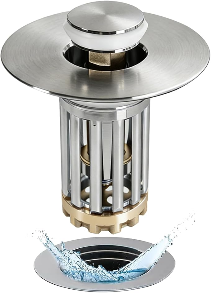 Anlige 3 in 1 Pop Up Bathroom Sink Stopper, Bathroom Sink Drain Strainer, with Removable Basket Hair Catcher, Universal Sink Plug Cover for 1.06 in to 1.6 in Drain, Brushed Nickel