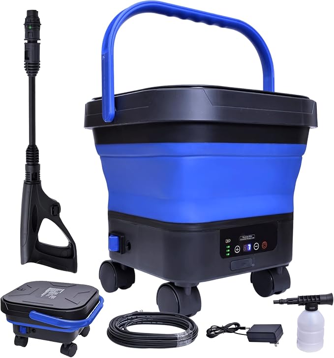 Portable Cordless Washer with 3.4Gal Tank, 580PSI, 7-Level Adjustable Sprayer, 360° Rotating Nozzle, 23FT Hose, 20000mAh Battery, Foldable Design with Wheels for Car, Camping, Garden (Blue)