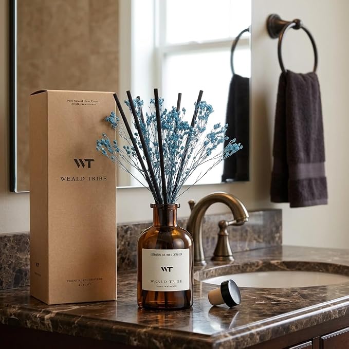Flower Reed Diffuser Set Cashmere Vanilla Scent for Bathroom Air Fresheners | 4.0 fl oz Essential Oils with Sticks Home Fragrance Defusers | House Bedroom Office Shelf Decor & Gift