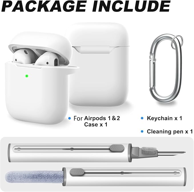 for AirPods 1/2 Case Cover,Come with Cleaner Kit,Soft Skin Silicone Case Cover with Keychain,Full Protective Case for Men and Women,Compatible with AirPods 2nd 1st Generation Case,White