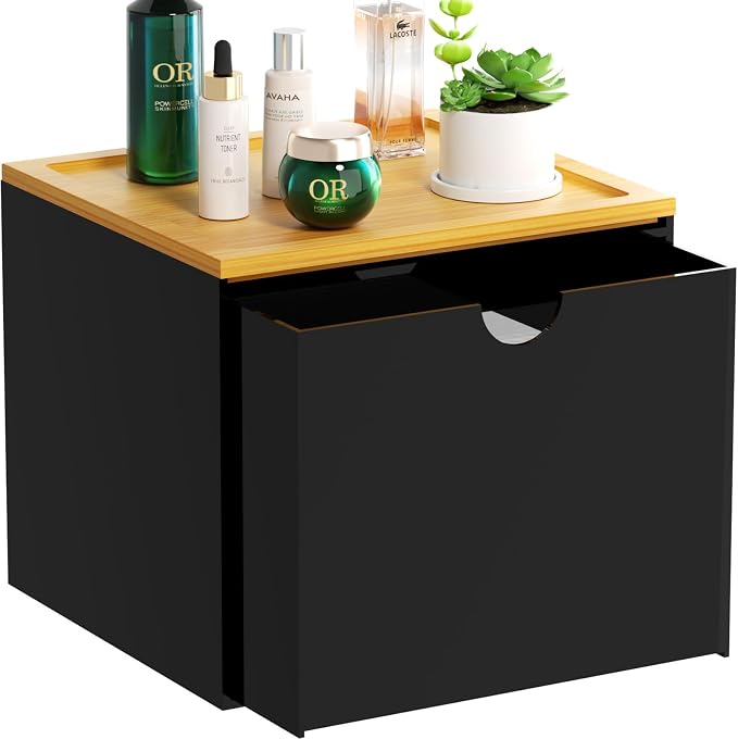 VITVITI Drawer Disposable Face Towel Holder Box, Acrylic Storage, Black | Face Towels Holder Container for XL Clean Skin Club, Facial Towel Storage with Bamboo Lid, for Bathroom, Vanity Makeup