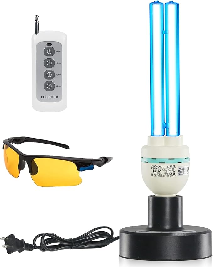 36Watts UV Sanitizer Lamp with Remote Control Powerful Ozone UVC Light with E26 Base for Basement/Bedroom/Kitchen/Office/Storehouse/Car, 3-Gear Timer 110V with Ozone