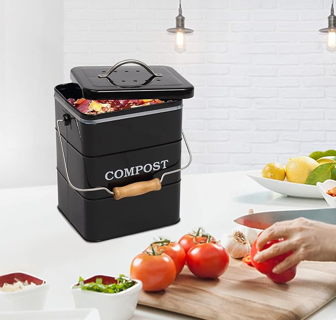 Stainless Steel Compost Bin for Kitchen Countertop Compost Bin，1 Gallon, Kitchen Trash Can -Includes Charcoal Filter，Compost Bucket Kitchen Pail Compost with Lid-Black
