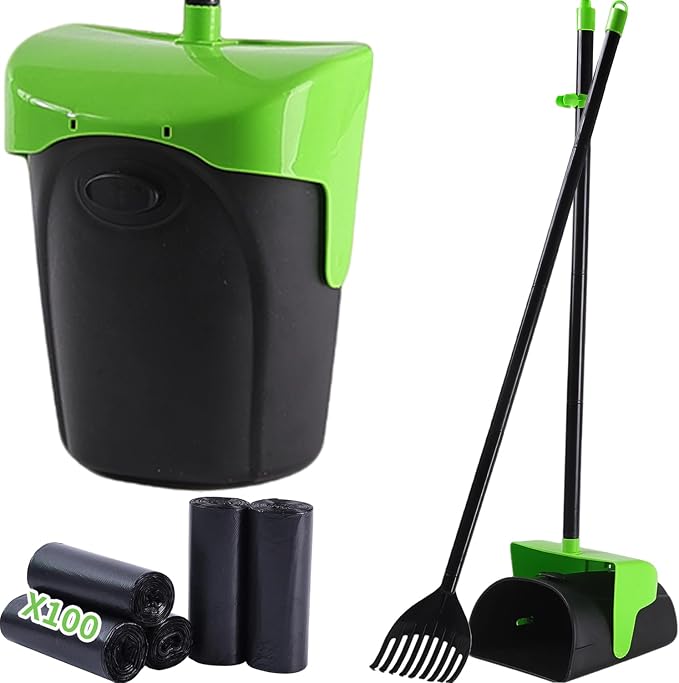 ienjoyed 43" Tall Pooper Scooper Large Swivel Bin & Rake with 100 Waste Bags,Heavy Duty Dog Pooper Scooper for Dogs, Long Handle Poop Scooper with Lid for Yard, Grass, Gravel (Green)