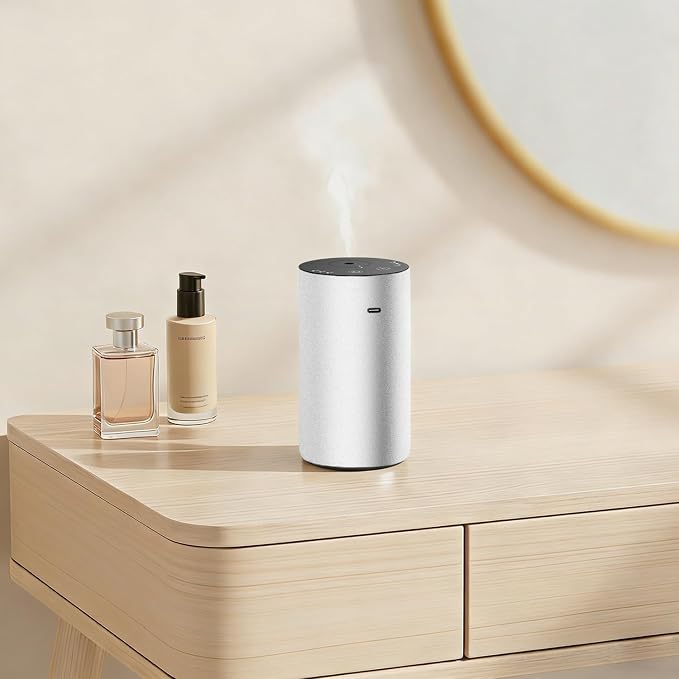 URPOWER Waterless Essential Oil Diffuser Cordless Mini Scent Diffuser 20mL | Includes 2 x 20mL Essential Oils, Battery Operated Design, Aluminum Body, Portable Size for Car, Home and Office Use, Silver