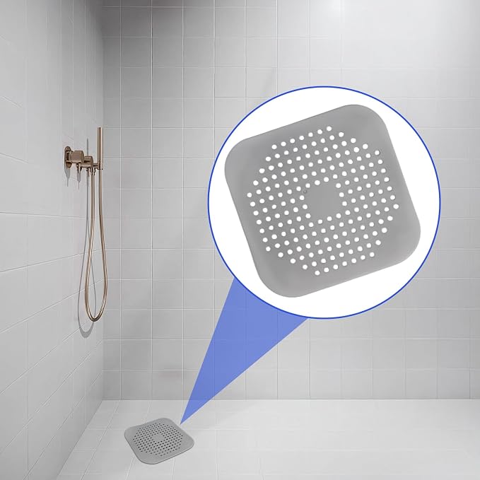 Bathtub Drain Hair Catcher 4 Pack, Silicone Stopper with Suction Cup | Fits shower & kitchen sink drains, prevents clogs, reusable, easy to clean, durable, grey, fits flat & square drains