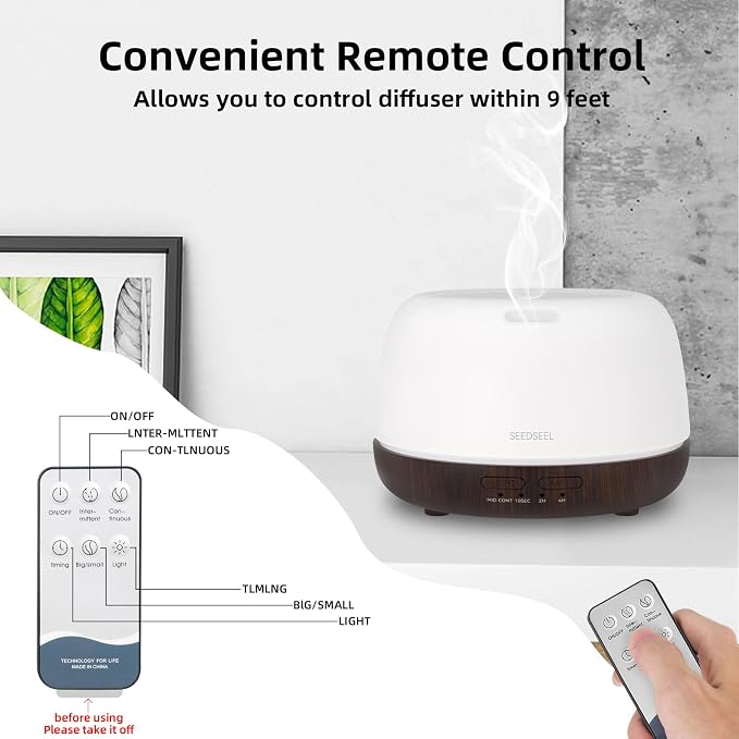 SEEDSEEL 300ML Essential Oil Diffuser, Small Aromatherapy Diffuser with Remote Control, 7-Color LED Light,4 Timer, Quiet,Auto-Off, Easy to Use,for Home,Bedroom,Office