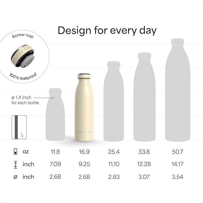 LARS NYSØM Stainless Steel Insulated Water Bottle 12oz 17oz 25oz 34oz 51oz | Insulated Thermo Flask for Hot and Cold Beverages | Leakproof Drinking Bottle (Almond Beige, 17oz)