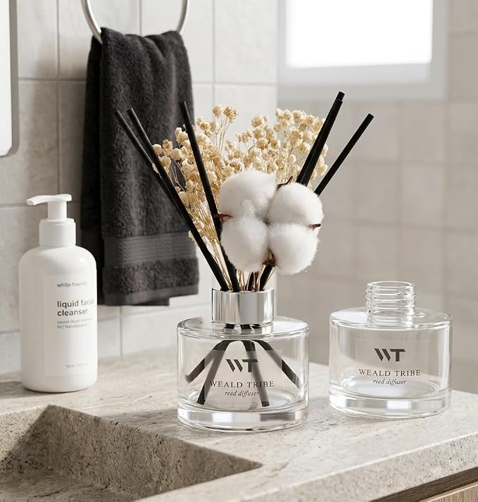 Flower Reed Diffuser Set Pure Cotton Scent for Bathroom Accessories Shelf Decor & Air Fresheners, Sticks Defusers with 5.1 fl oz Essential Oils & Leaves, House Bedroom Office Decor & Gifts