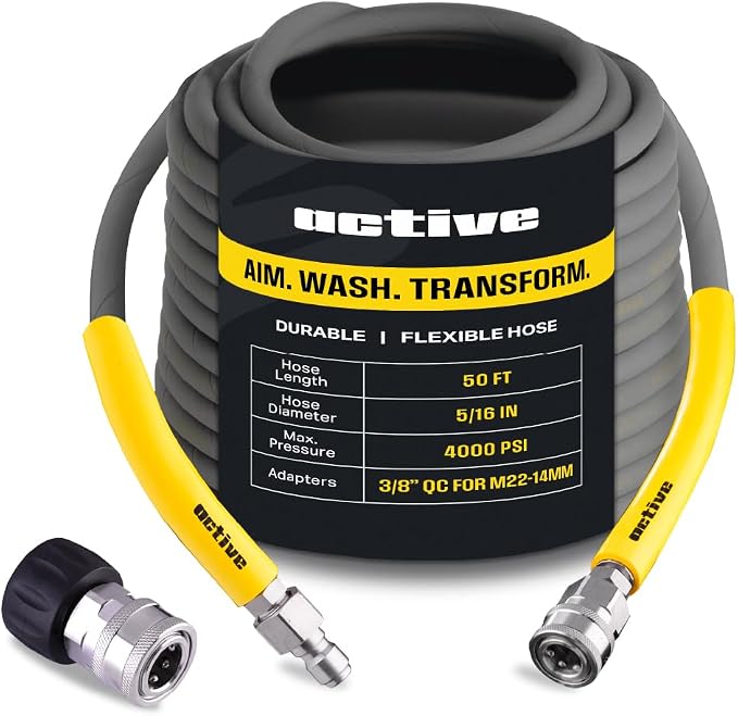 ACTIVE Pressure Washer Hose 50 Ft 5/16" - Kink Resistant Steel braided Power Washer Hose for All Electric & Gas Pressure Washers, Flex Hose w/Max 4000 PSI & 12 GPM at a peak temperature of 212F