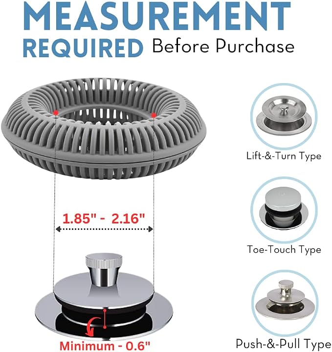 TubRing Pop-Up Drain Protector & Strainer Silicone Hair Catcher, Gray | Easy snap-in design fits around bathtub stoppers. Customizable utility guard for clog prevention. Fits 1.85"- 2.16" drains.
