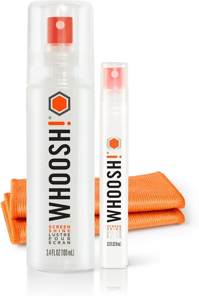 WHOOSH Screen Cleaner and Wipe Kit Duo, Set of 12, 3.7 fl oz + 0.3 fl oz | Large and Travel Size Bottles, Non Toxic and Odorless, For iPad, MacBook and Car Screens, 2 Microfiber Cloths