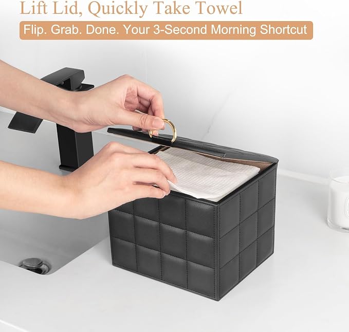 Disposable Face Towel Holder Box XL for Clean Skin Club Organizers | Black PU Leather Face Towels Container, Reusable Organizer for Clean Skin Towel Makeup Wipe Holder Counter Bathroom Storage