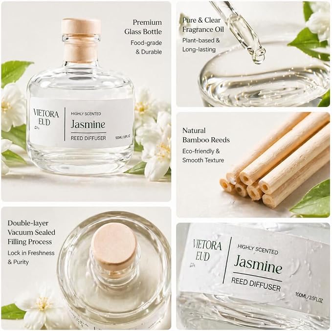 Jasmine Reed Diffuser, 3.5 Fl Oz | Floral Fragrance Lasts 12 weeks, Flameless & Safe. Perfect for bedroom/office. Natural oils, gift, 3.5 oz.