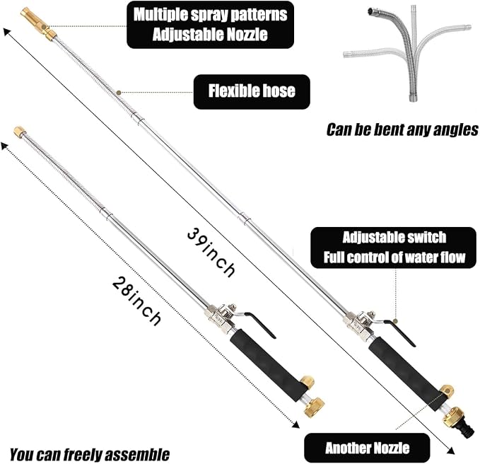Hydro Jet High Pressure Power Washer-high pressure cleaning tool Extra Long Extendable Wand,Flexible Water Hose Universal Nozzle,Gutter Patio Car Pet Window Cleaning tool black