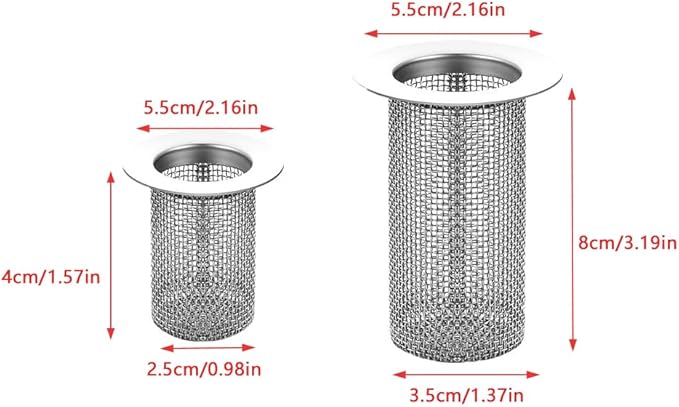 2 Pack Sink Drain Hair Catcher Shower Drain Strainer Stainless Steel Long Cylinder Tub Mesh Strainer Slop Basket Filter Trap for Bathroom Sink Utility Room Laundry Room RV Lavatory Bathtub