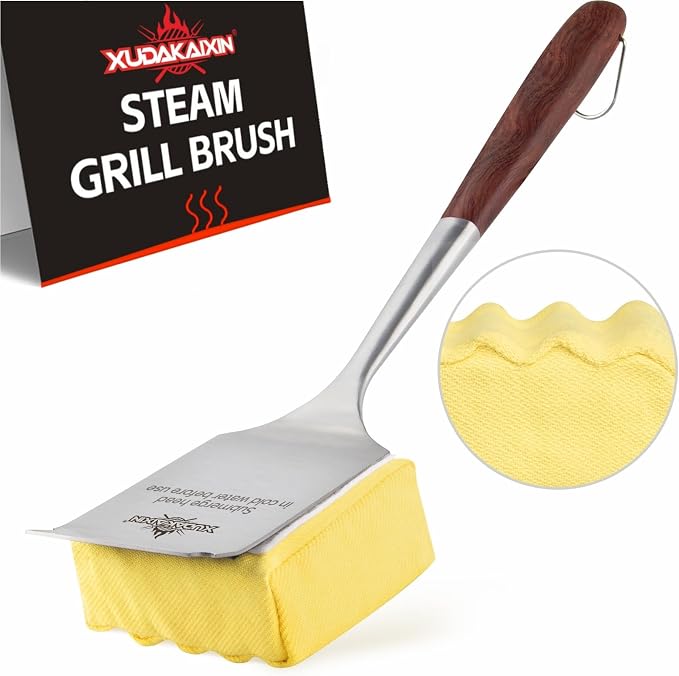 Bristle-Free Steam Cleaning Grill Brush — Features an Extended Luxurious Rosewood Handle and a Unique Wavy pad that Seamlessly fits cast Iron and Stainless Steel grates