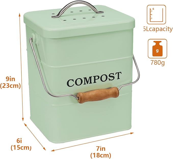 Stainless Steel Compost Bin for Kitchen Countertop Compost Bin,1 Gallon, Kitchen Trash Can -Includes Charcoal Filter,Compost with Lid-Green