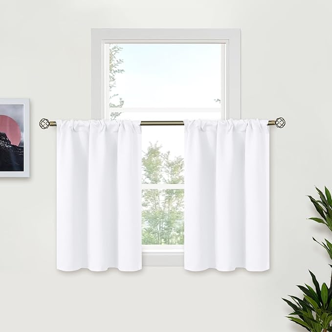 BGment White Curtains 36 Inches Length for Kitchen Cafe Window, Rod Pocket Small Half Window Drapes Privacy for Bathroom Rv Bedroom, 2 Panels, 34 x 36 Inch