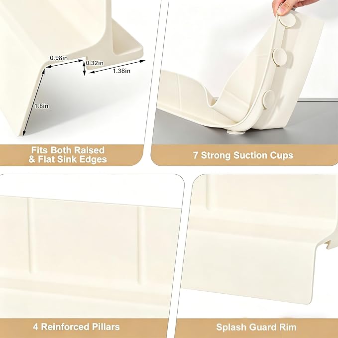 Sink Splash Guard with Suction Cups, 23", Silicone Water Guard for Kitchen & Bathroom, Faucet & Countertop Protector, Easy Install, Dishwasher Safe, Cream