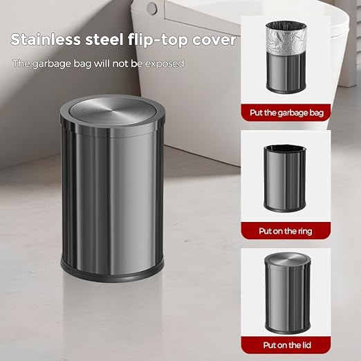 Stainless Steel Trash can,Bathroom Trash can with lid，Small Trash Can with Flipping Lid, 9 L,Garbage cans for Kitchen，Living Room. Metallic Gold (Gun Gery)